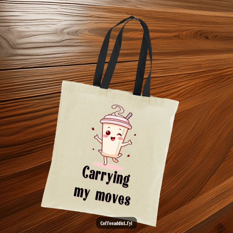 Funny Kawaii Coffee Stirrer Dancer Tote Bag depicting a small character joyfully twirling, perfect for carrying coffee essentials.