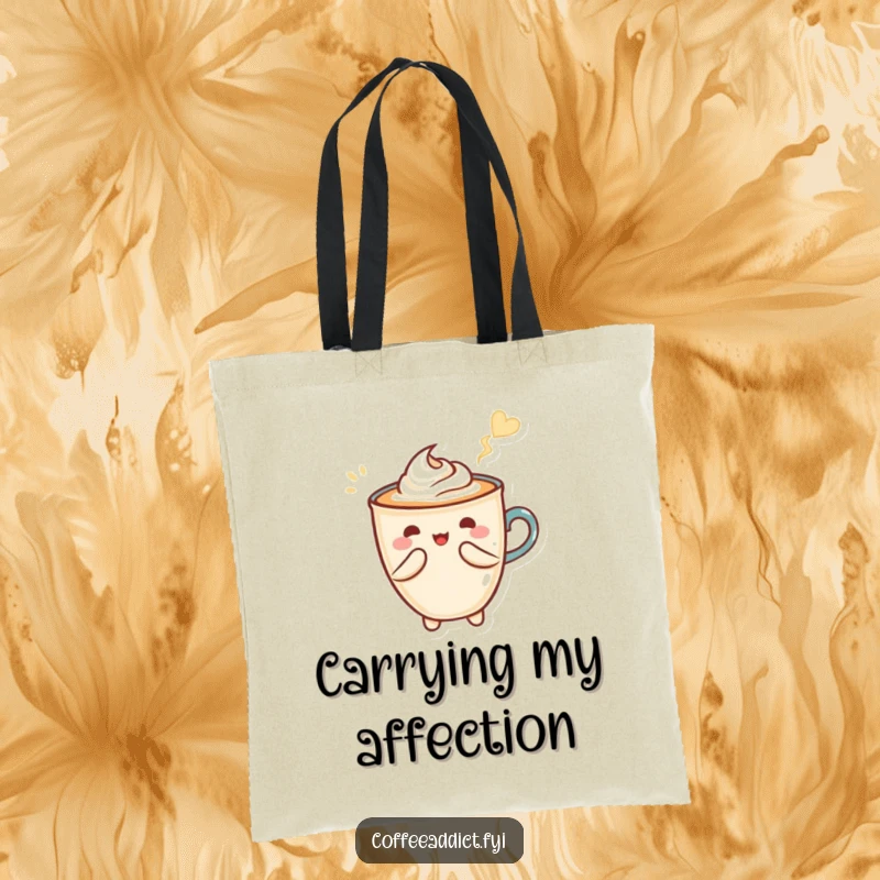 Funny tote bag featuring a Kawaii latte art character making a heart shape with a stylish flourish, perfect for coffee runs.