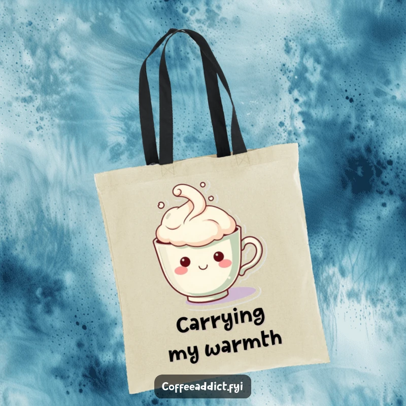 Funny Kawaii Teacup Tote Bag: Cute teacup character with a steam cloud forming a happy face, ideal for humorous carrying for tea lovers.