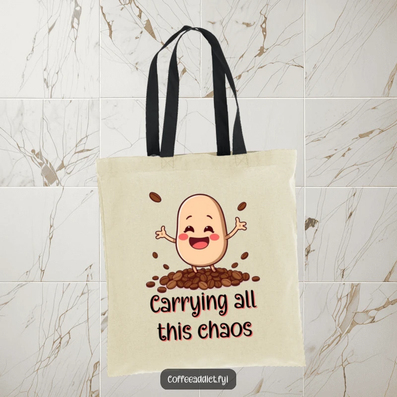 Funny, bouncing kawaii coffee bean with a huge grin, comically spilling beans, printed on a durable tote bag.