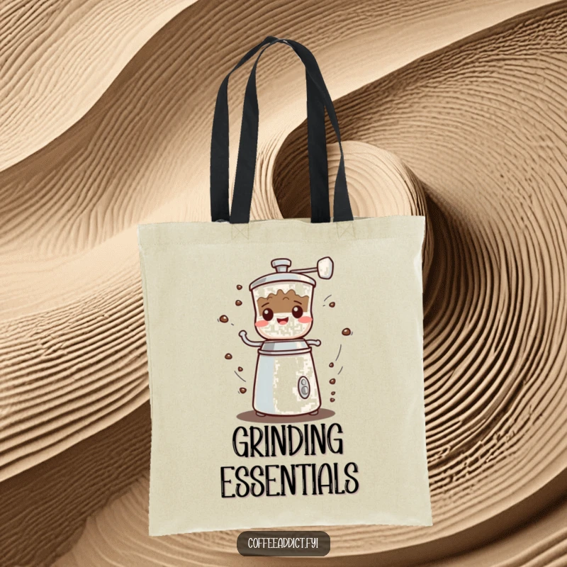 Funny Kawaii Coffee Grinder Tote Bag showing a small character spinning quickly with a happy grumbled noise, great for errands.