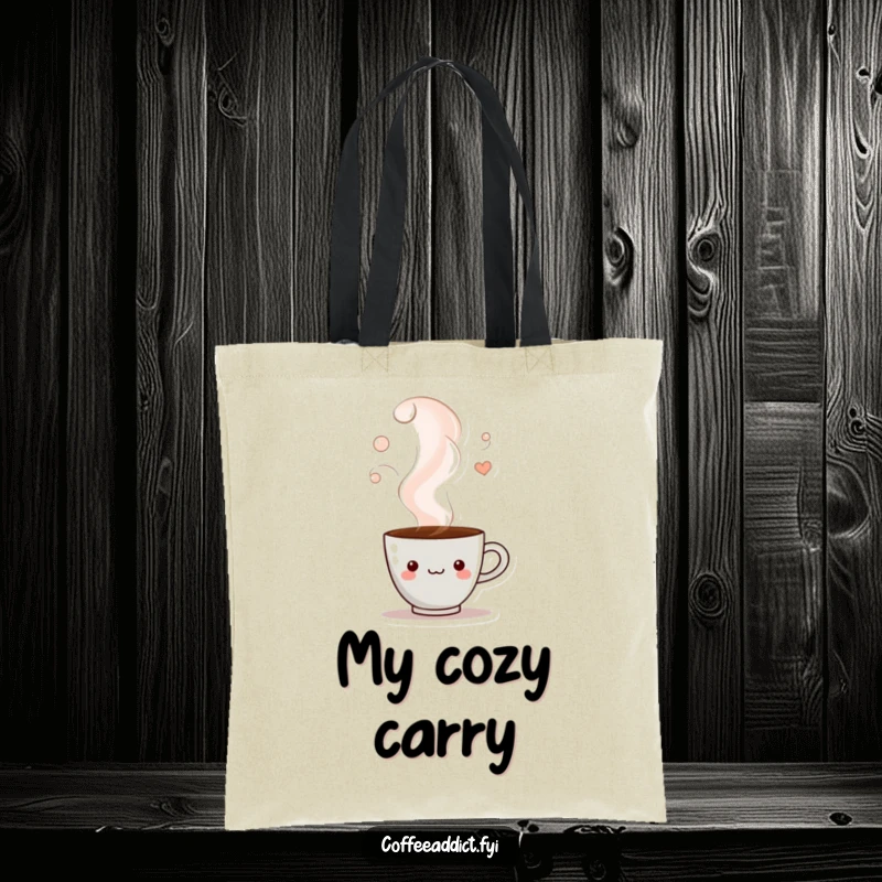 Funny tote bag depicting a coffee cup character peeking from a swirling steam cloud, perfect for carrying items with a hint of mystery.