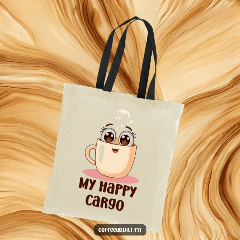 Funny tote bag featuring a coffee mug character floating upwards with joy, perfect for carrying essentials and good vibes.