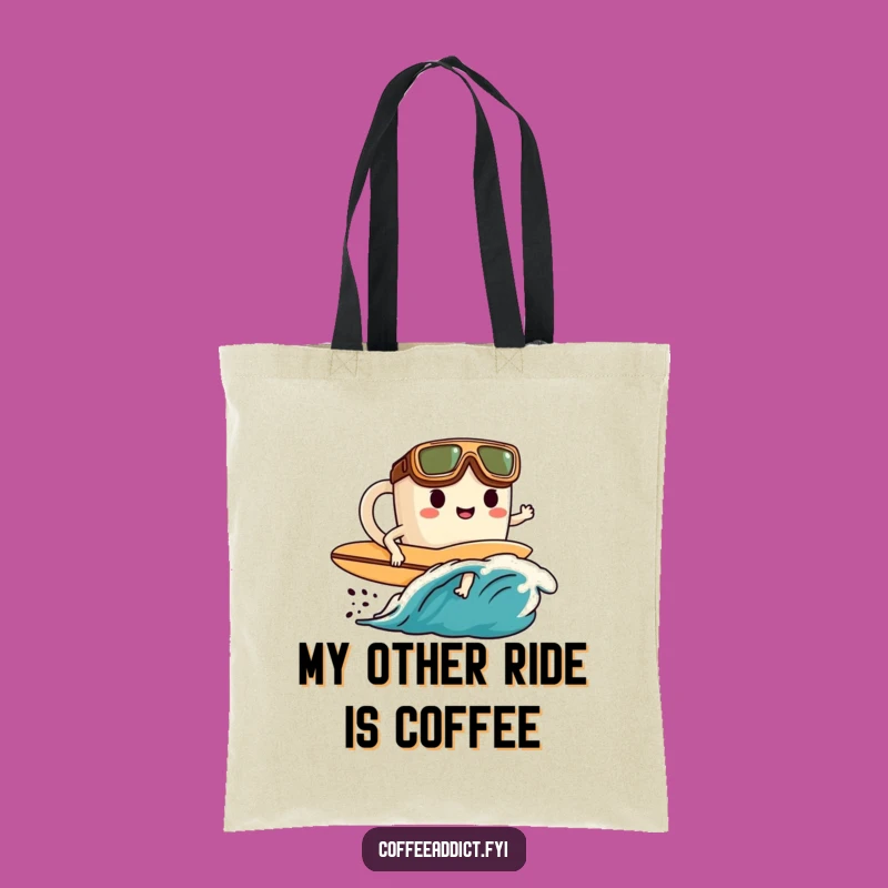 Funny Coffee Surfer Tote Bag: Goggled Character, Coffee Wave Design