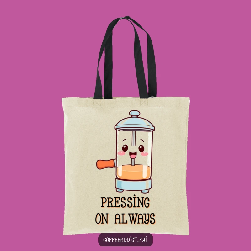 Funny Kawaii French Press Tote Bag: Smiling Pressing Character Bag